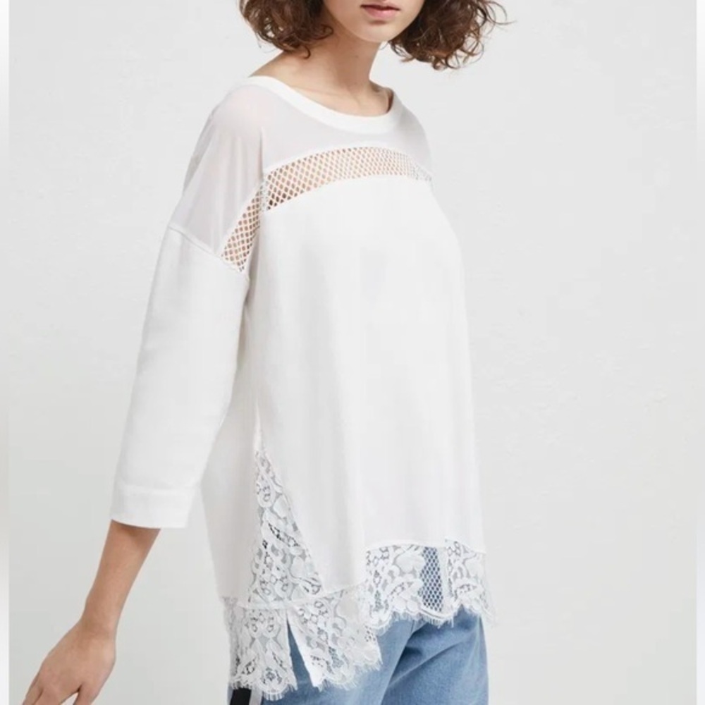 🍕🪻French Connection Mixed Media Blouse | lace mesh | Chic & Feminine XS CLOSEOUT